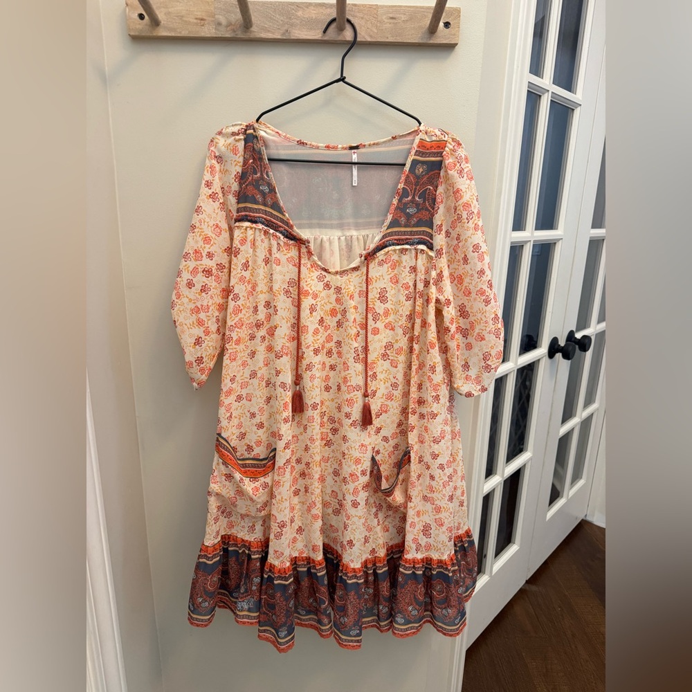 Free People Peach Floral Boho Midi Dress with Red and Navy Trim - Picture 3 of 8